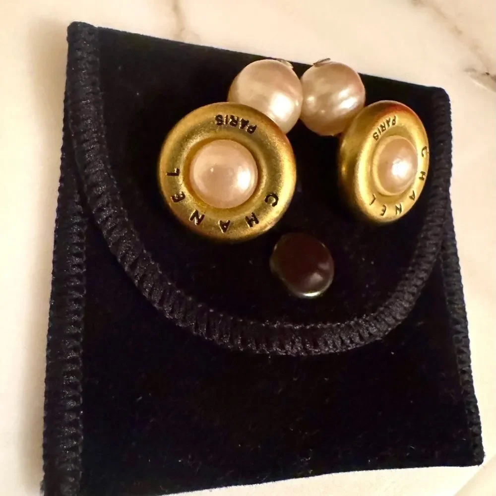 CHANEL Gold Plated and Cream Faux Pearl Vintage Cufflinks Authentic